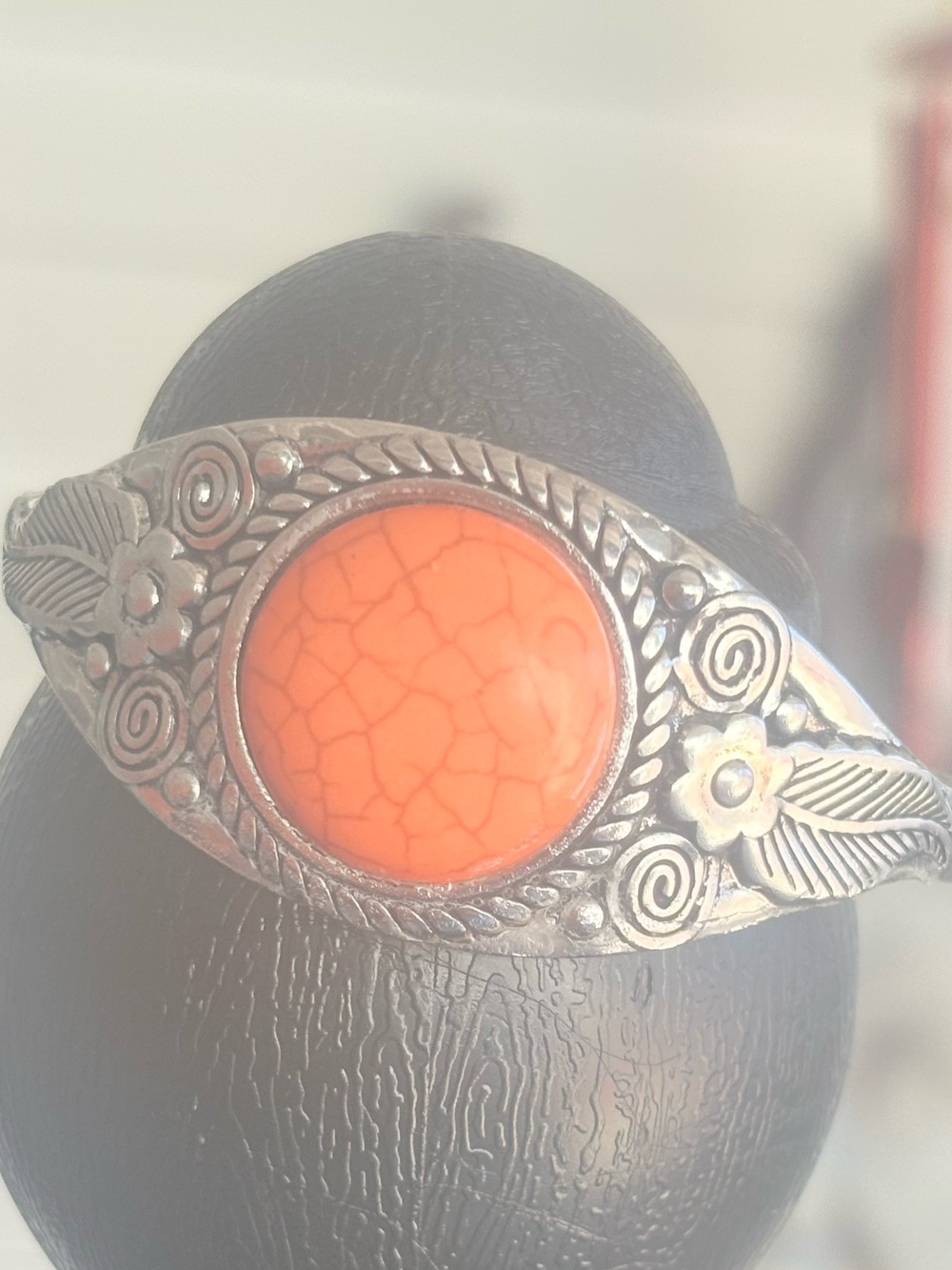 Silver Floral Cuff Bracelet with Orange Stone
